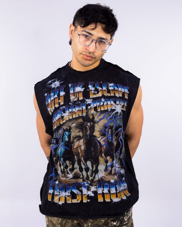 Art Of Escape Horse Men s Blue Washed Tank Top For Sale - Image 3