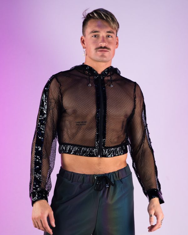 Techno Prism Cropped Fishnet Hoodie w  Studs For Discount